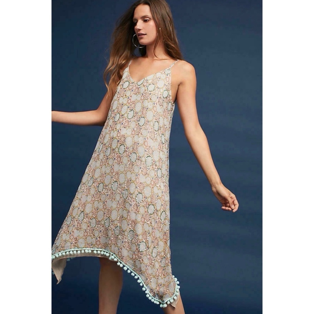 RAGA Anthropologie Amalfi Sequin Asymmetrical Pom Pom Dress Size Small